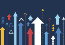 Internet Trends report, trends in HR technology. multiple-size & colored arrows all pointing up against a dark blue background