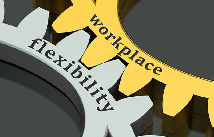 two gears one says flexibility and the other says workplace, represents organizational agility; 4-day work week