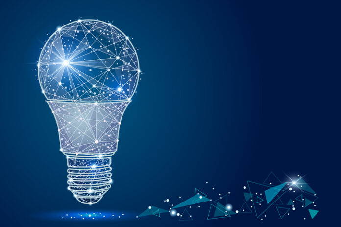 light bulb abstract design, in low poly style, in the form of lines and stars on a blue background