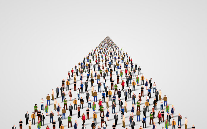 Template with a crowd of business people standing in a line.