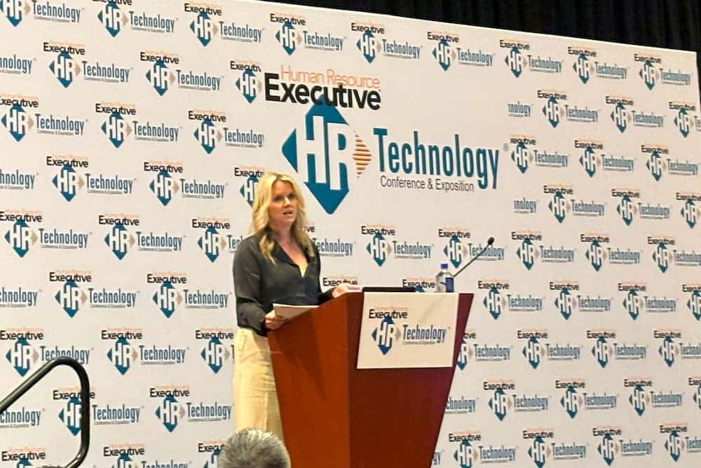 Amy Coleman, CVP of Human Resources &amp; Corporate Functions, speaks at the Women In HR Tech Summit at HR Tech 2023 in Las Vegas. (Photo by Jill Barth/HRExecutive.com)