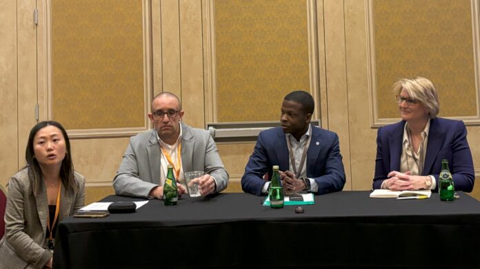 Kelly Xie (AWS moderator) with CHROs Ian Wilson, AWS; Marlon Sullivan, Johnson Controls and Katie George, McKinsey & Company