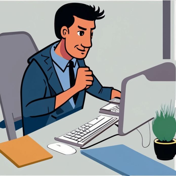illustration of man in tie at computer